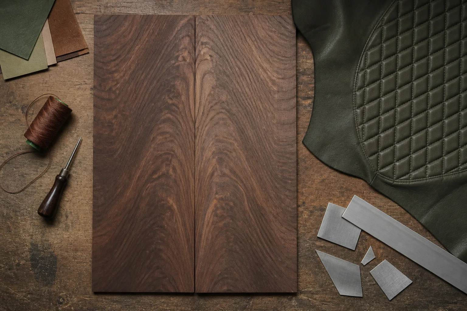 Book matched walnut veneer and quilted hide laid out on a workbench