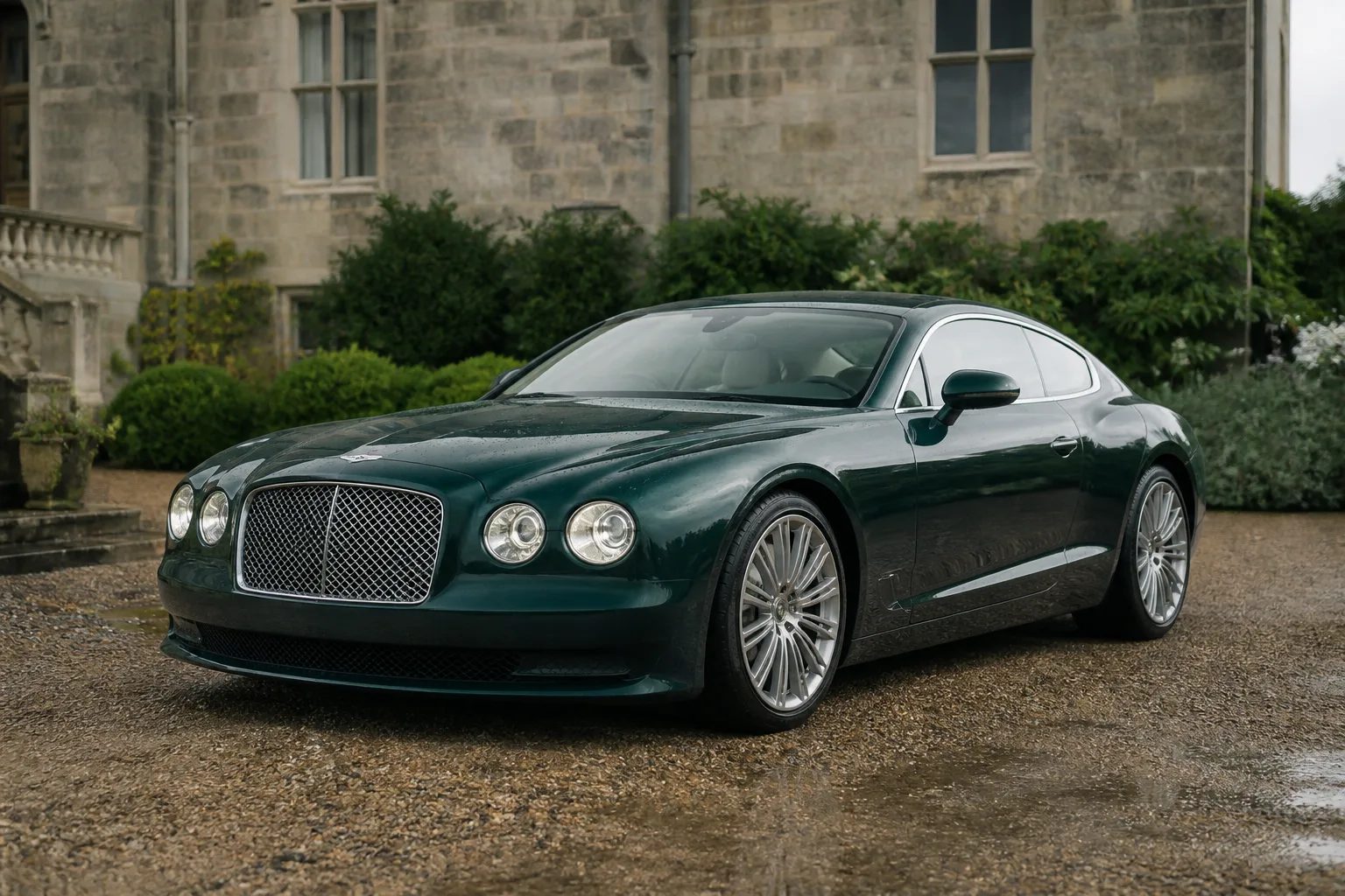 A green grand touring coupe on gravel outside an English country house