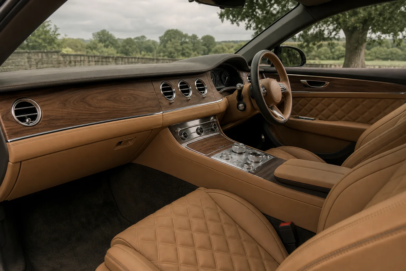 The front cabin of a luxury car with quilted hide, walnut veneer and knurled metal controls